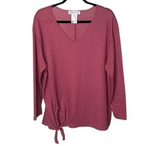 Meri Skye - Women's Pink Waffle Knit Tie Front Top - Size 1X